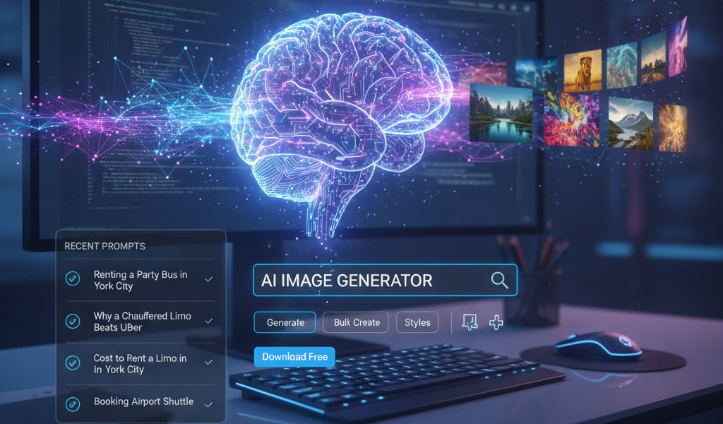 AI image generator interface with glowing digital brain on monitor