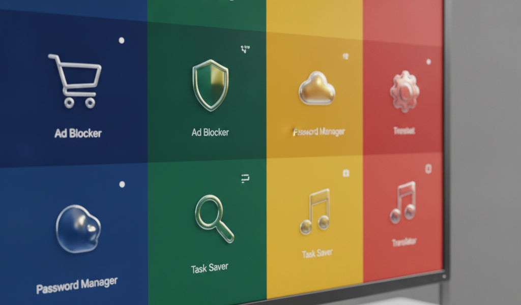 Monitor displaying Chrome Extensions icons in Google colours
