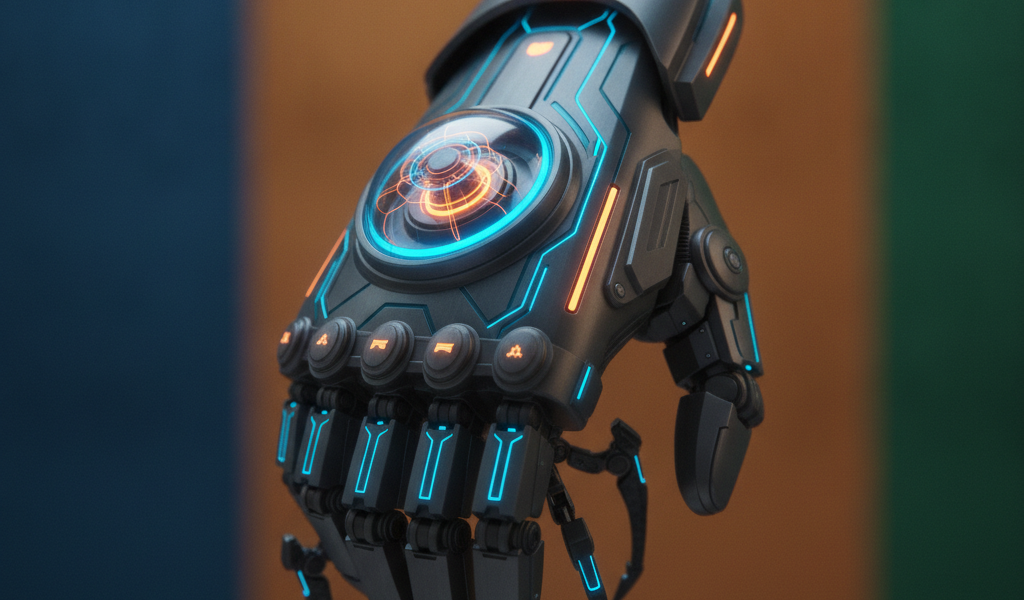 Futuristic robotic hand with glowing blue and orange accents