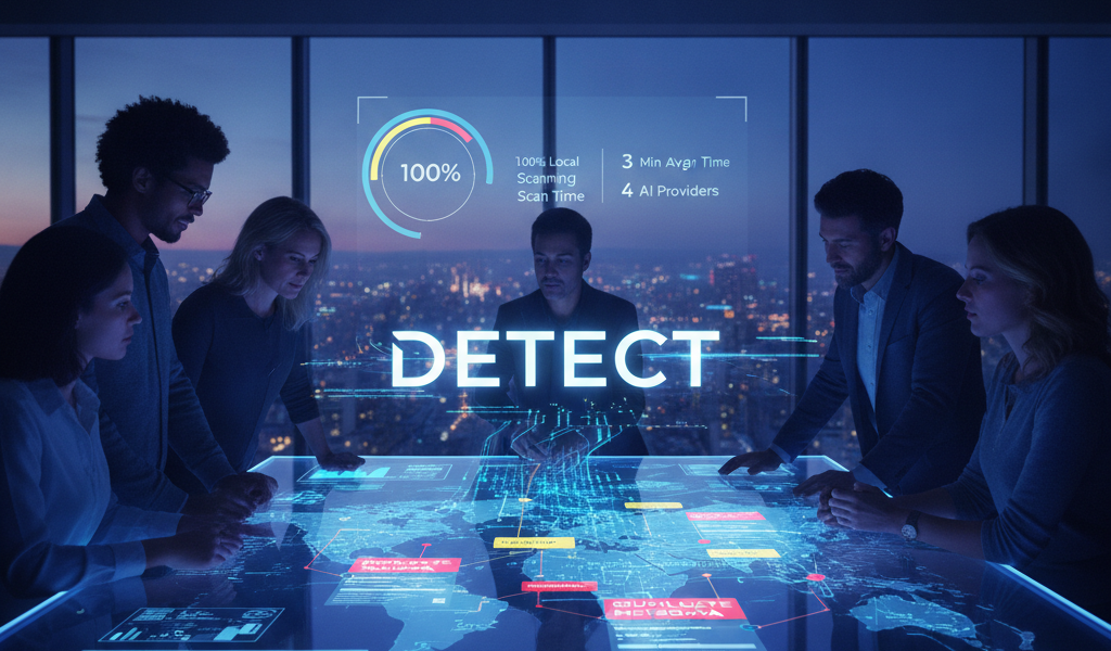 Team analysing data on futuristic glowing interactive table display