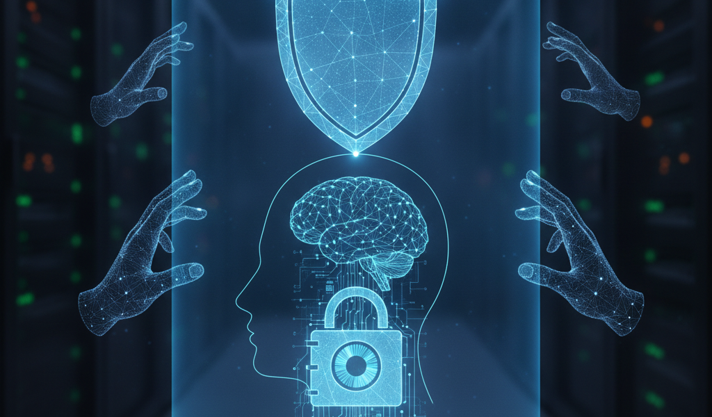 AI brain protected by digital shield and padlock in server room