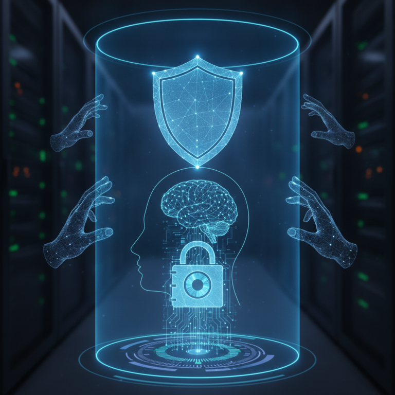 AI brain protected by digital shield and padlock in server room