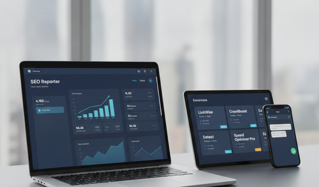 SEO reporter dashboard displayed on laptop, tablet, and smartphone