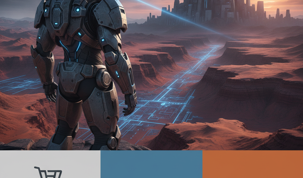 Futuristic armoured robot surveys alien desert city landscape