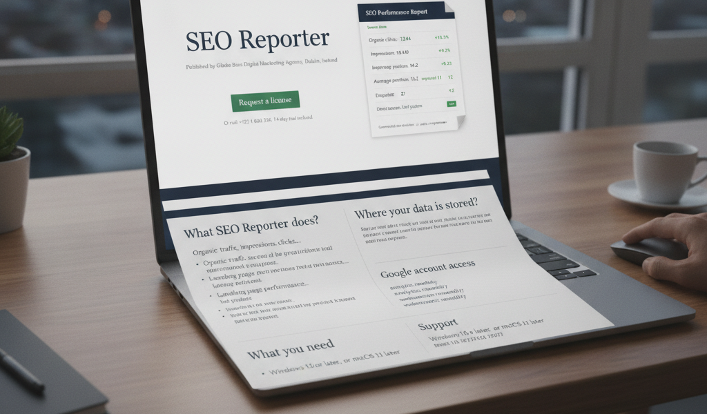 Laptop displaying SEO Reporter tool with performance report dashboard