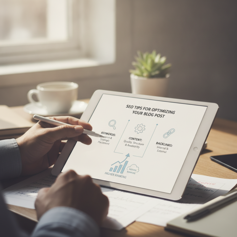 Person reviewing SEO blog post optimisation tips on tablet