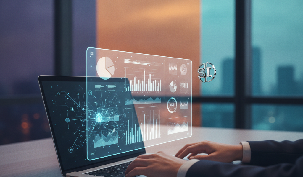 Businessman using laptop with holographic data analytics dashboard