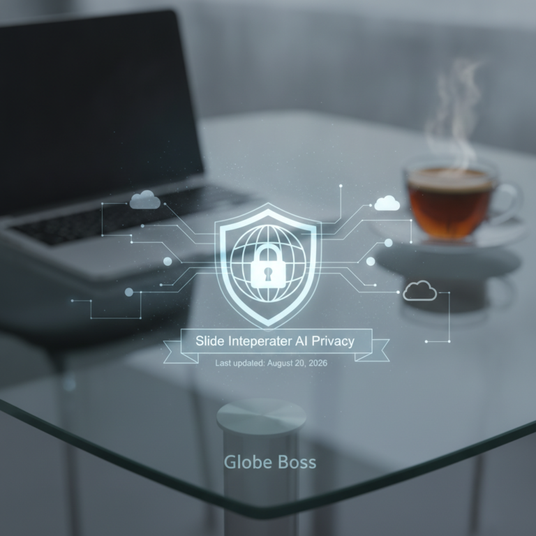 Globe Boss AI privacy shield icon with laptop and coffee