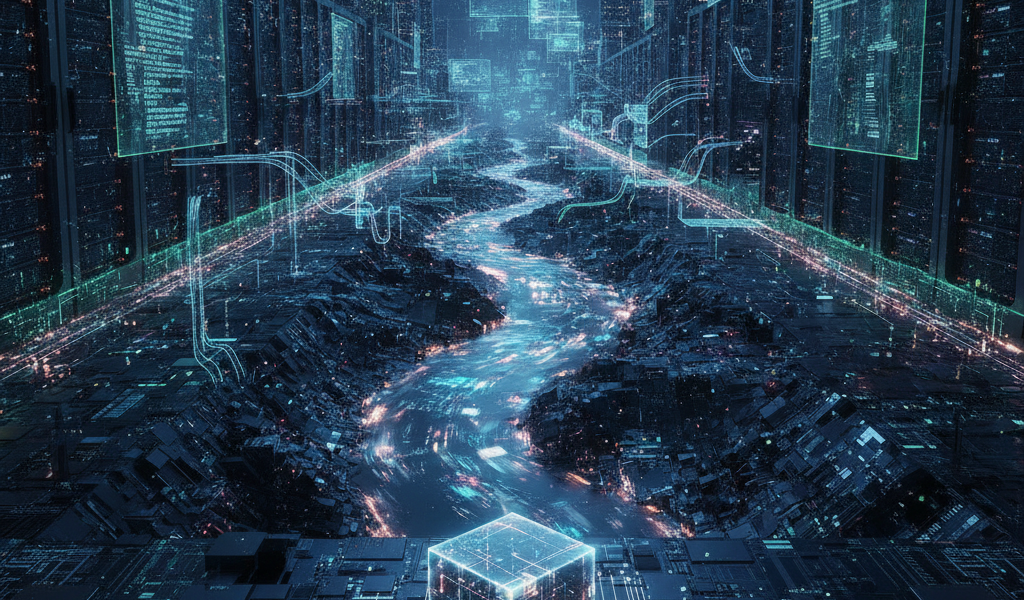 Futuristic digital cityscape with glowing data streams and holographic cube