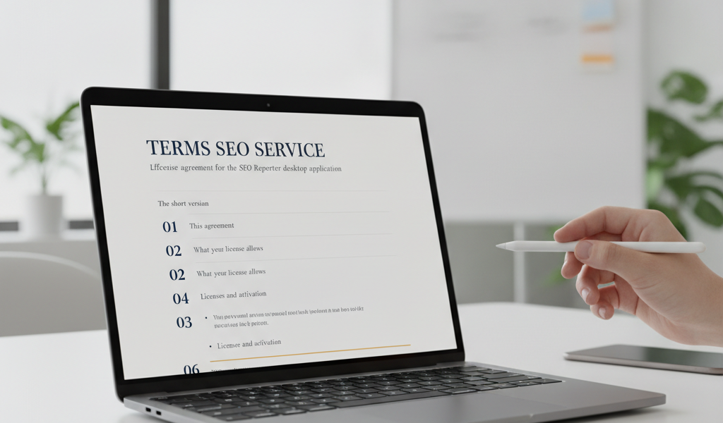 Laptop displaying SEO service terms agreement in modern office