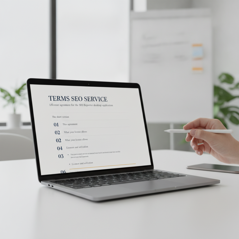 Laptop displaying SEO service terms agreement in modern office