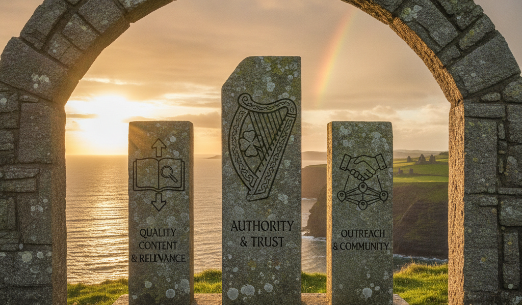 White Hat SEO Ireland stone monument at Irish coastal sunset