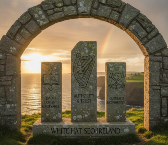 White Hat SEO Ireland stone monument at Irish coastal sunset