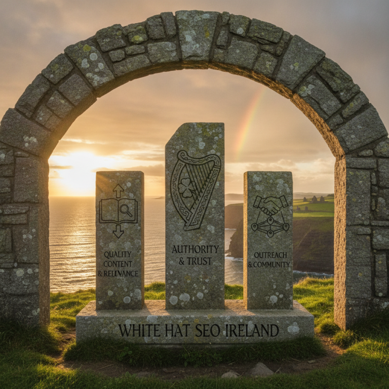 White Hat SEO Ireland stone monument at Irish coastal sunset