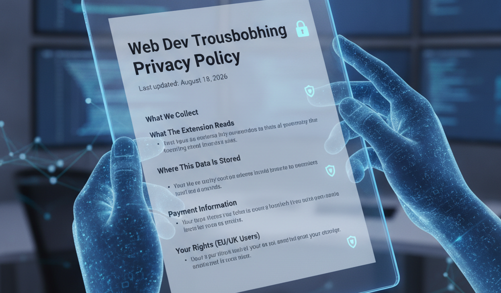 Digital hands holding tablet displaying web dev privacy policy