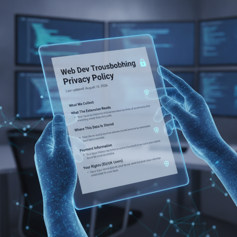 Digital hands holding tablet displaying web dev privacy policy