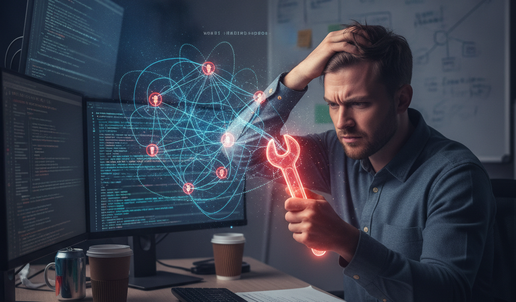 Frustrated developer debugging complex code with glowing wrench