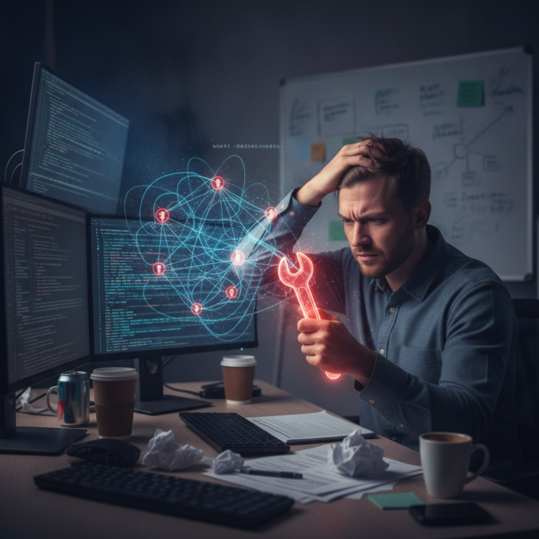 Frustrated developer debugging complex code with glowing wrench