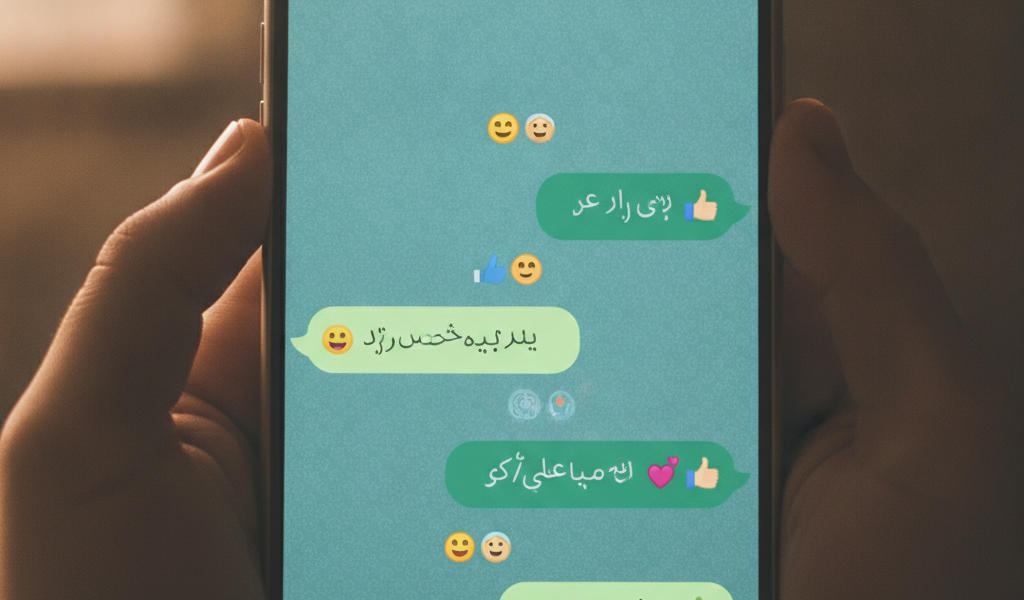 Hand holding smartphone displaying Arabic text messaging conversation