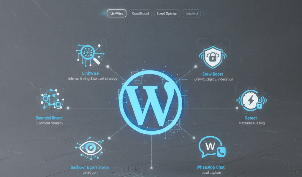 Six WordPress plugins infographic for SEO and site automation