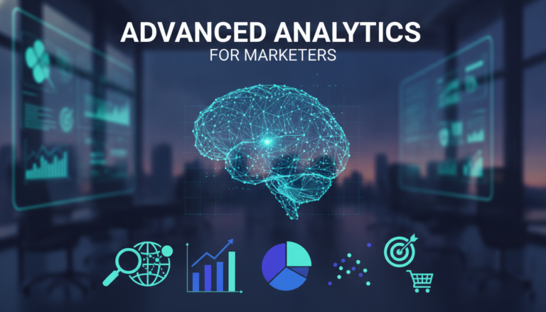 Advanced analytics for marketers with digital brain and data icons