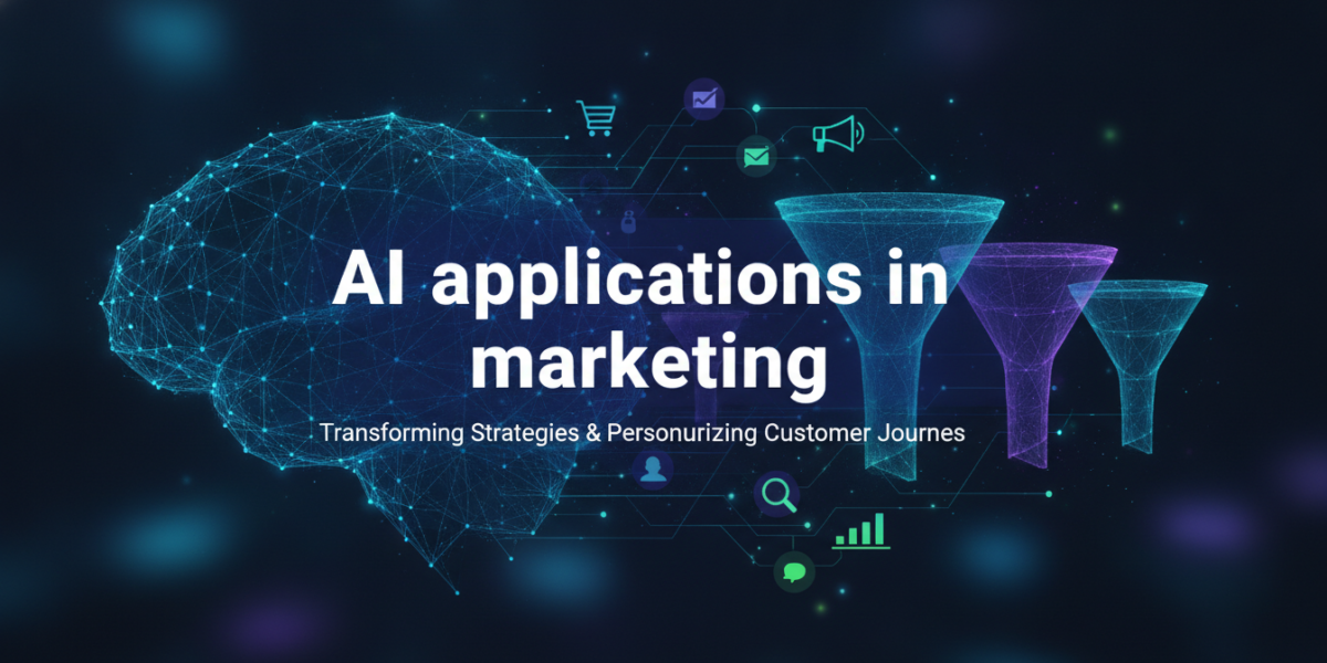 AI marketing graphic with digital brain and sales funnels