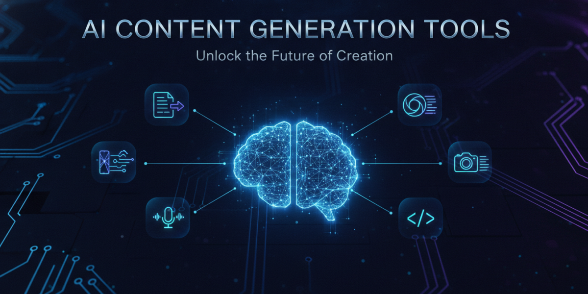 AI content generation tools infographic with glowing brain and icons