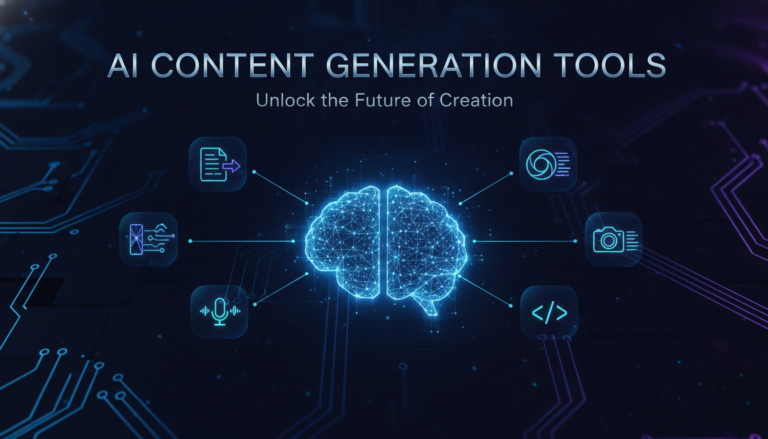 AI content generation tools infographic with glowing brain and icons
