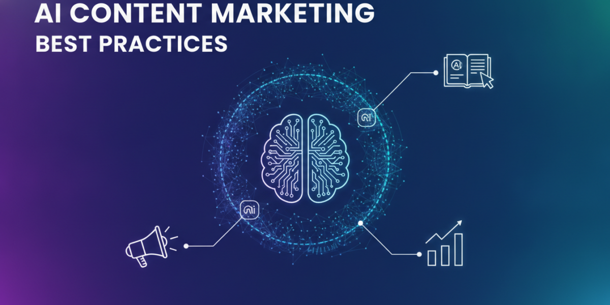 AI content marketing best practices graphic with digital brain and icons