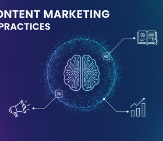 AI content marketing best practices graphic with digital brain and icons
