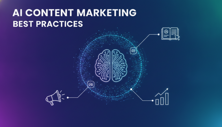 AI content marketing best practices graphic with digital brain and icons