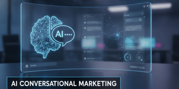 AI conversational marketing interface with digital brain and chatbot