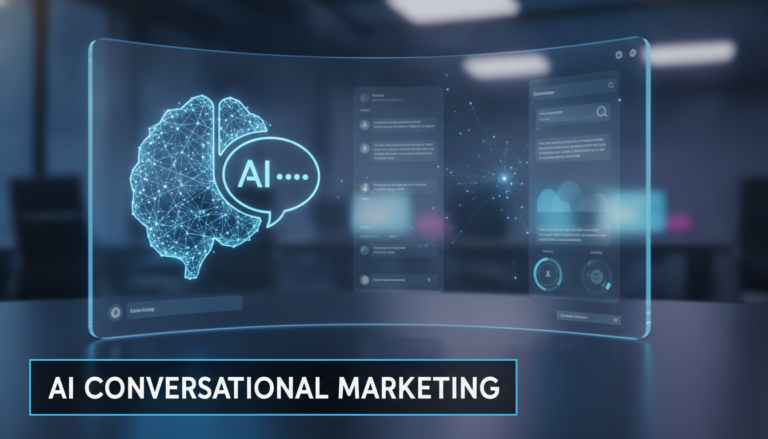 AI conversational marketing interface with digital brain and chatbot