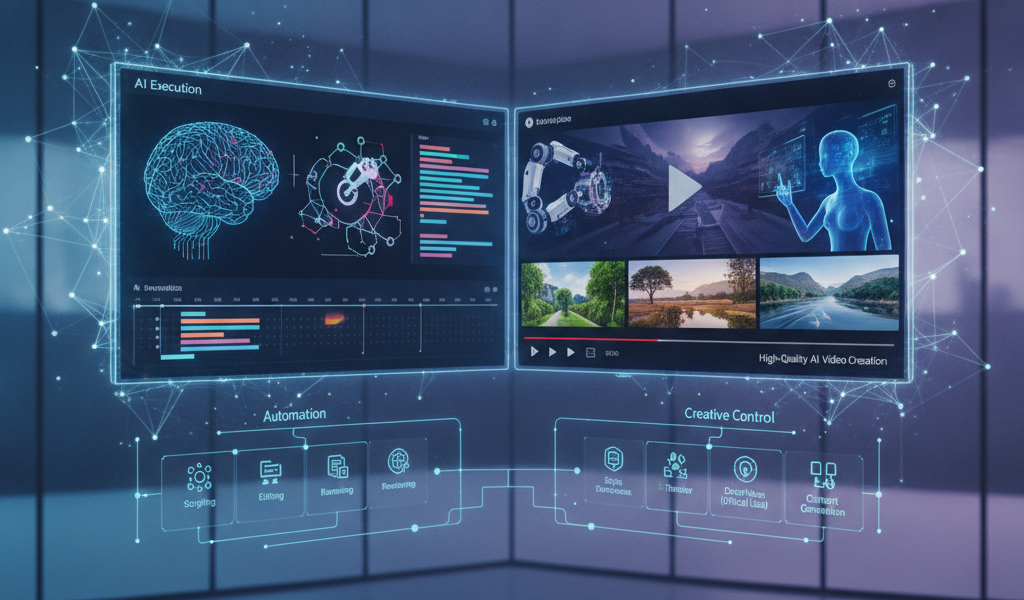 Futuristic AI dashboard displaying automation and video creation interfaces