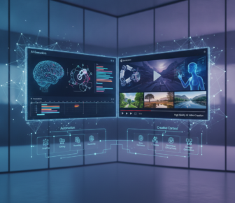 Futuristic AI dashboard displaying automation and video creation interfaces