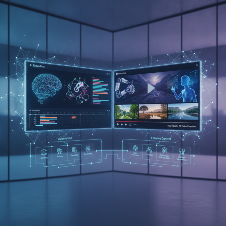 Futuristic AI dashboard displaying automation and video creation interfaces