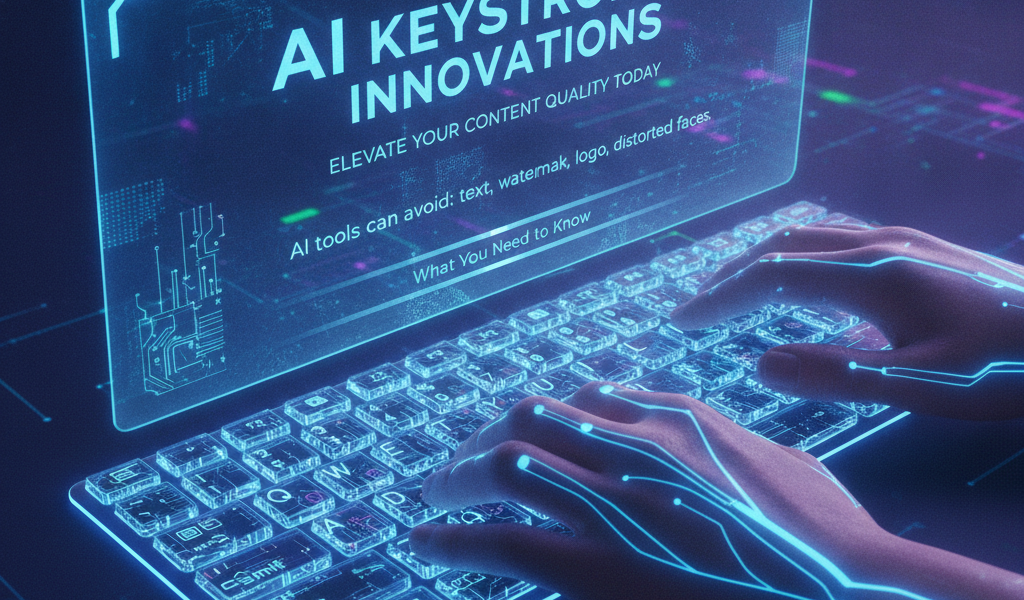 Hands typing on futuristic keyboard beneath AI innovation display