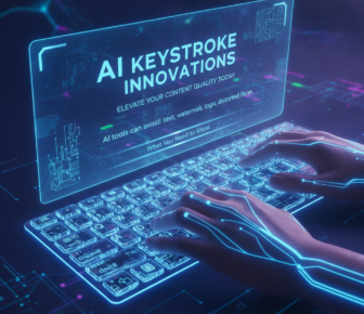 Hands typing on futuristic keyboard beneath AI innovation display