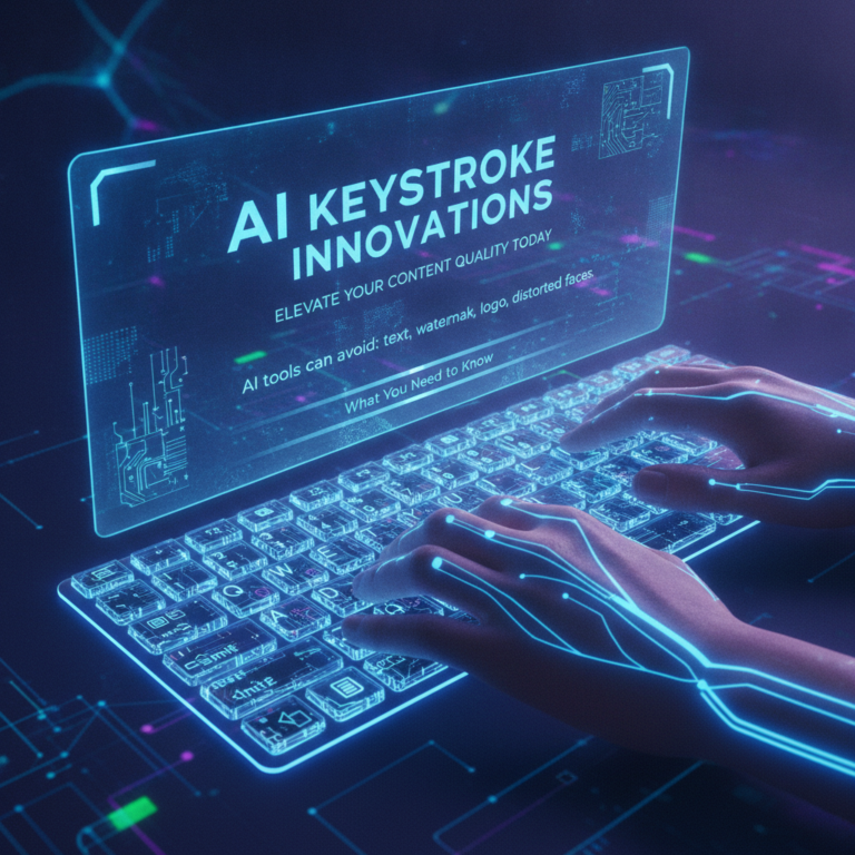 Hands typing on futuristic keyboard beneath AI innovation display