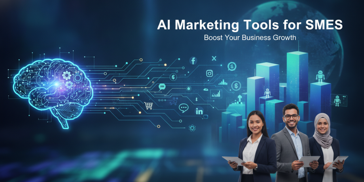 AI marketing tools graphic with SMEs, analytics charts and professionals