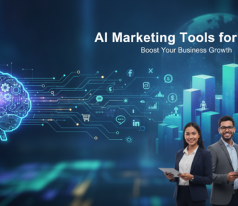 AI marketing tools graphic with SMEs, analytics charts and professionals