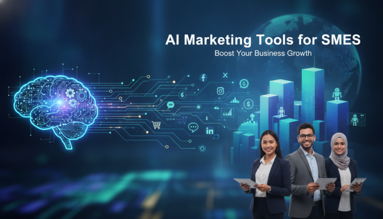 AI marketing tools graphic with SMEs, analytics charts and professionals
