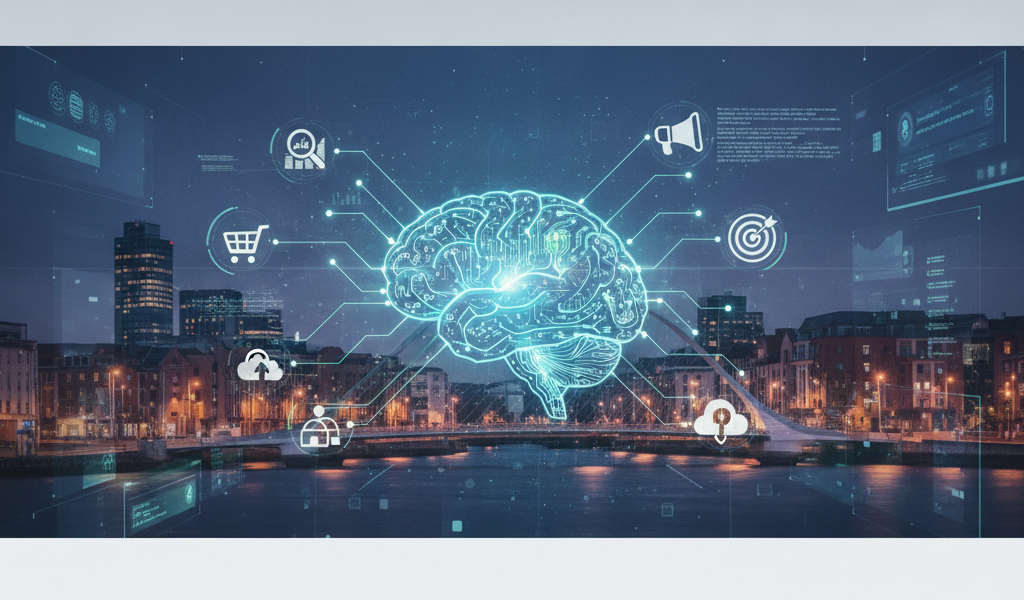 Digital brain over Dublin city, symbolising AI marketing technology
