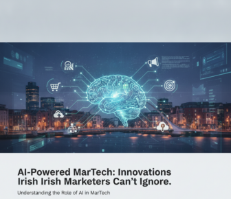 Digital brain over Dublin city, symbolising AI marketing technology