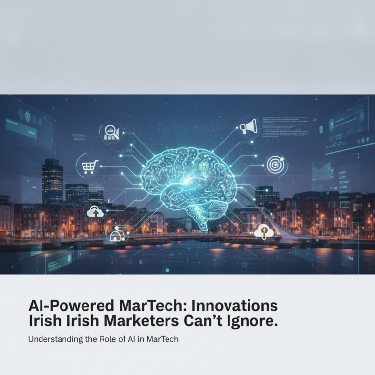 Digital brain over Dublin city, symbolising AI marketing technology