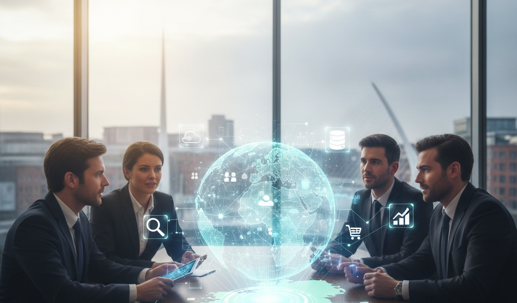 Business team viewing holographic globe and digital commerce icons