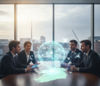 Business team viewing holographic globe and digital commerce icons