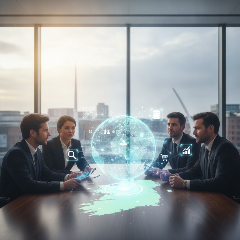Business team viewing holographic globe and digital commerce icons