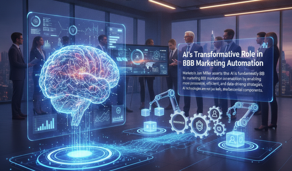 Business team viewing AI marketing automation holographic display