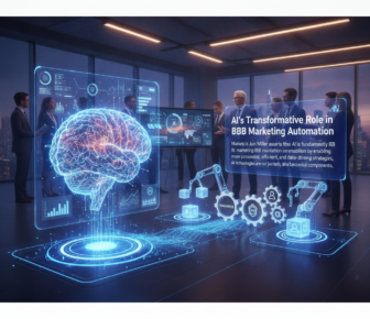 Business team viewing AI marketing automation holographic display